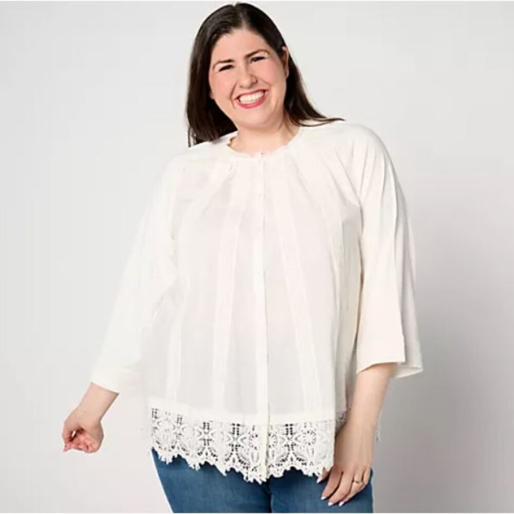 LOGO by Lori Goldstein Women's Top Sz 2XS (XXS) Woven Button Ivory Lace